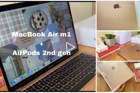 Macbook Air M1 +AirPods 2nd generation unboxing | Gold ~~            #macbookairm1 #unboxingvideo